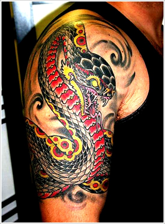 Colorful Traditional Snake Tattoo On Right Shoulder