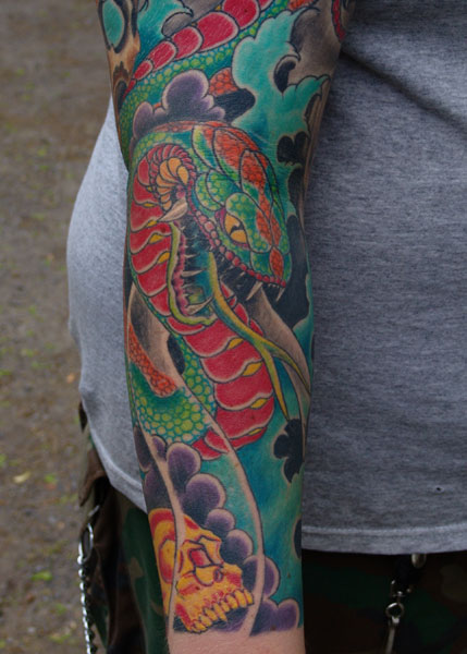 Colorful Traditional Snake Tattoo On Right Sleeve
