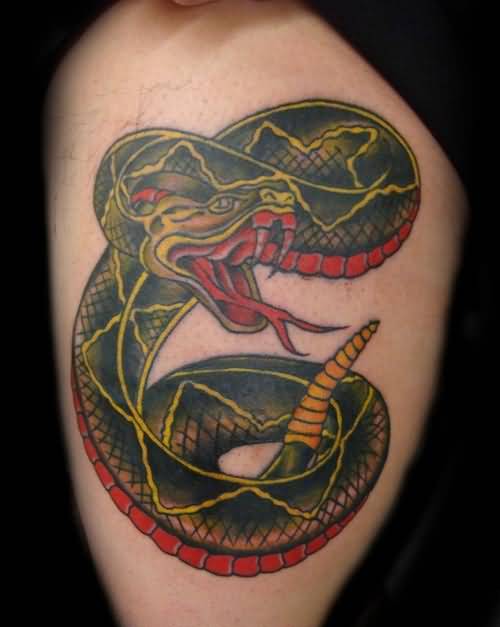 Colorful Traditional Snake Tattoo On Thigh