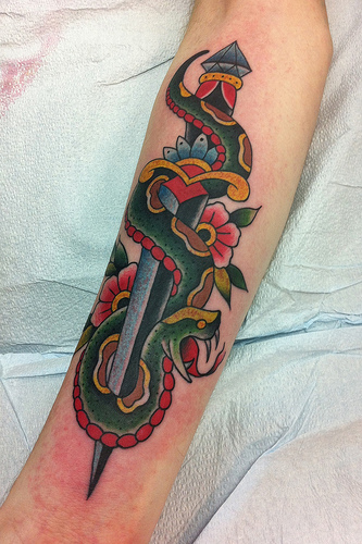 Colorful Traditional Snake With Dagger And Flowers Tattoo Design For Sleeve