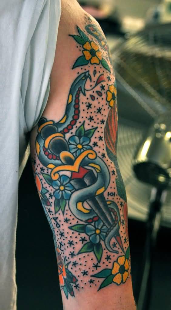 Colorful Traditional Snake With Dagger And Flowers Tattoo On Half Sleeve