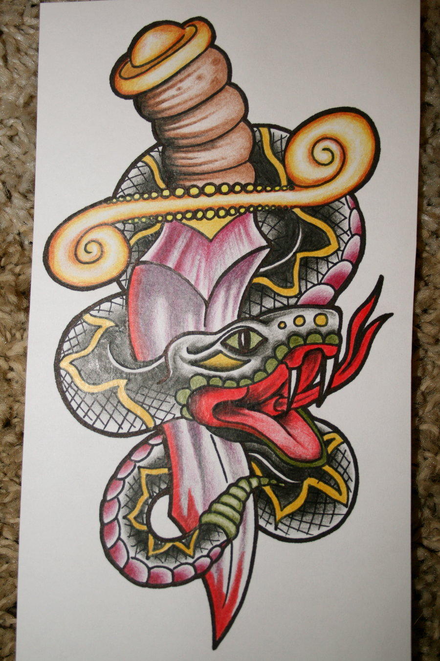 Colorful Traditional Snake With Dagger Tattoo Design By C.Byrne