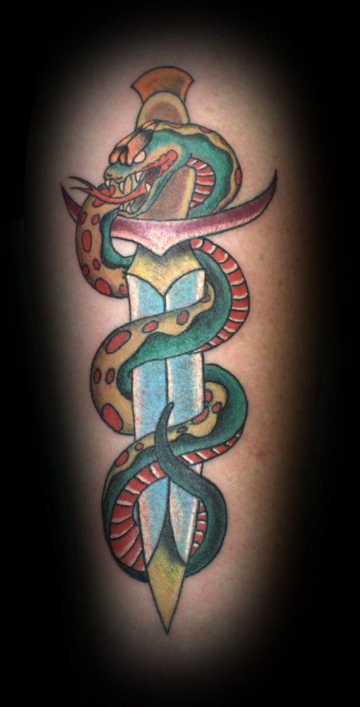 Colorful Traditional Snake With Dagger Tattoo Design For Leg