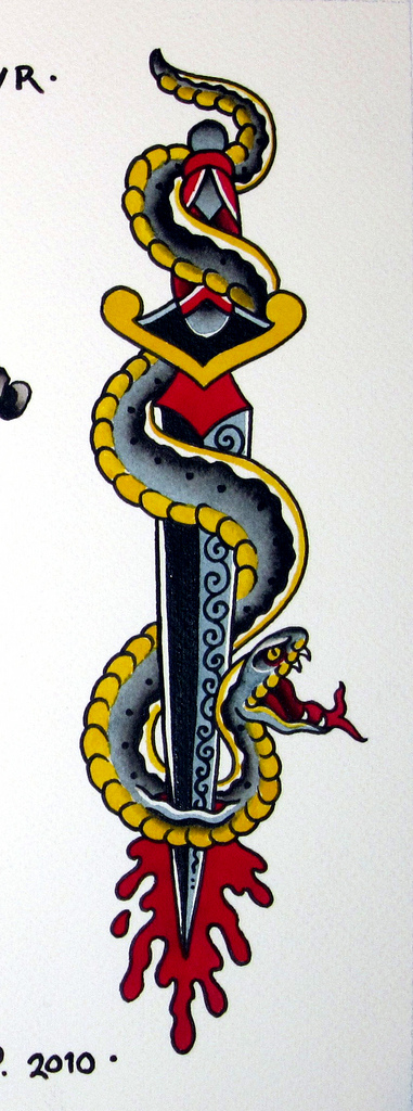 Colorful Traditional Snake With Dagger Tattoo Design