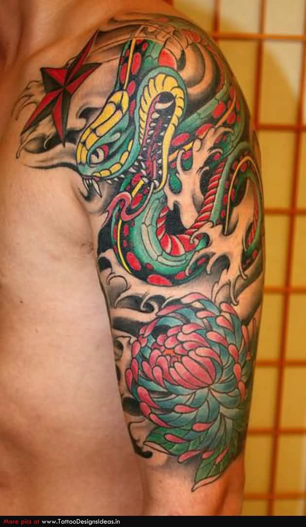 Colorful Traditional Snake With Flower Tattoo On Man Left Half Sleeve