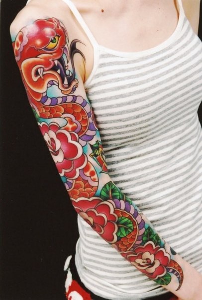 Colorful Traditional Snake With Flowers Tattoo On Women Right Full Sleeve