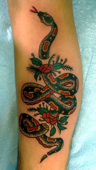 Colorful Traditional Snake With Roses Tattoo Design For Sleeve