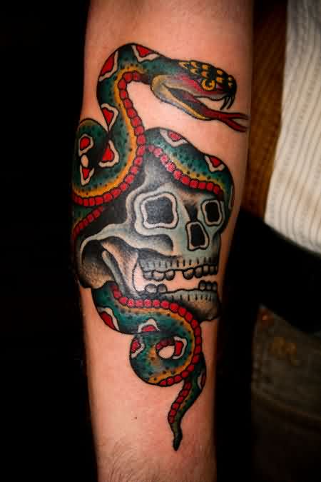 Colorful Traditional Snake With Skull Tattoo Design For Sleeve