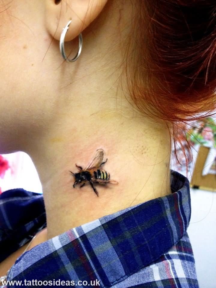 Cool 3D Bumblebee Tattoo On Girl Side Neck