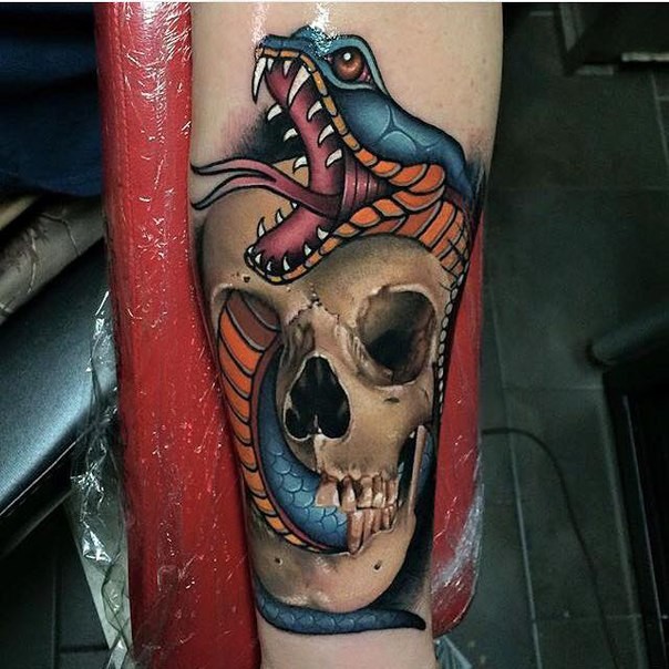 Cool 3D Neo Traditional Snake In Skull Tattoo Design For Sleeve