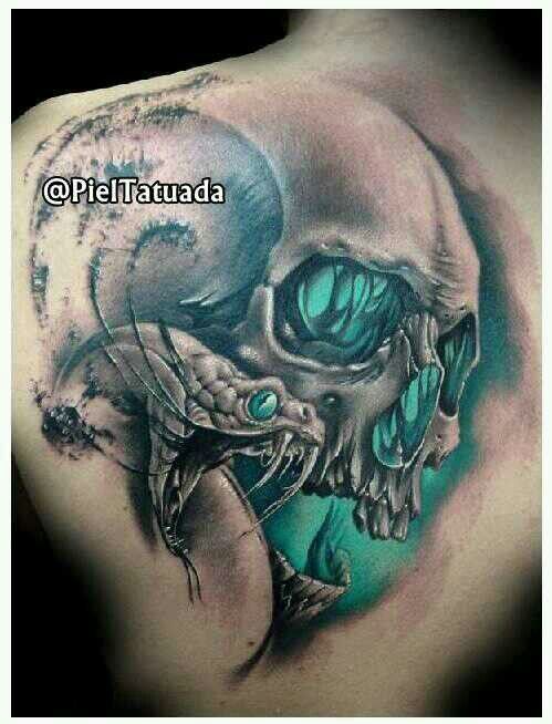 Cool 3D Skull With Snake Tattoo On Left Back Shoulder