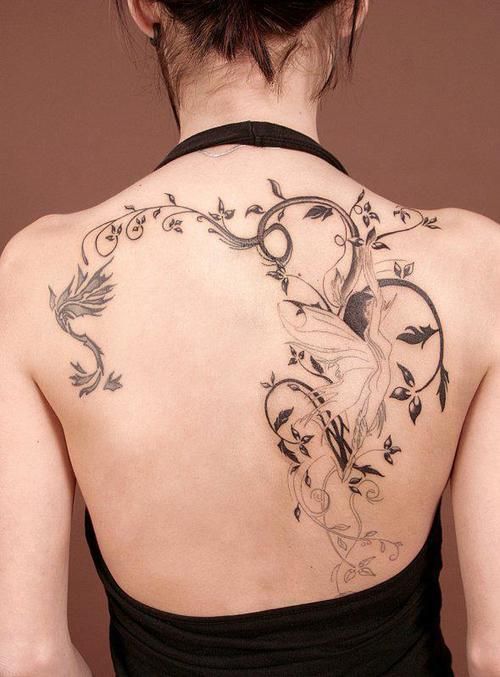 Cool Black And Grey Fairy Tattoo On Girl Upper Back