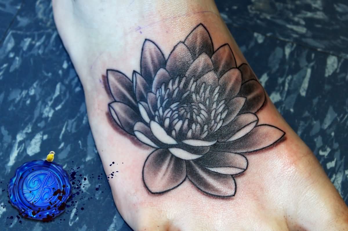 Cool Black And Grey Lotus Flower Tattoo On Right Foot