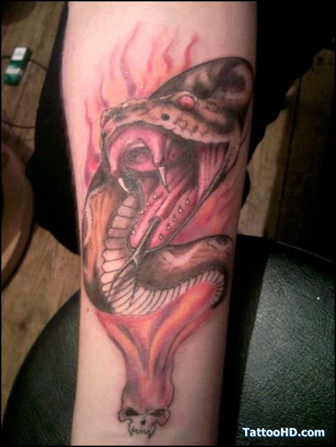 Cool Black Ink Cobra Snake Tattoo Design For Forearm