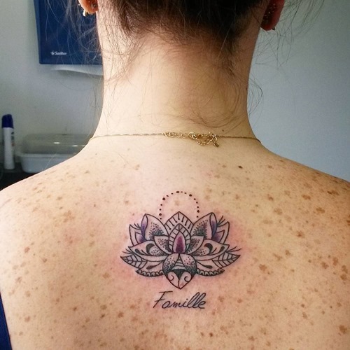 Cool Black Ink Dotwork Mandala Lotus Flower Tattoo On Girl Upper Back