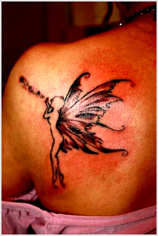 Cool Black Ink Fairy Tattoo On Girl Left Back Shoulder