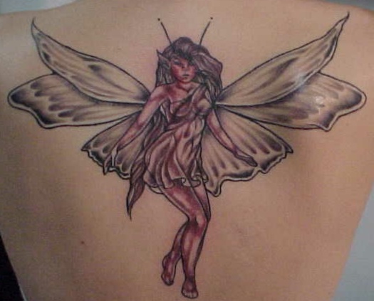Cool Black Ink Fairy Tattoo On Girl Upper Back