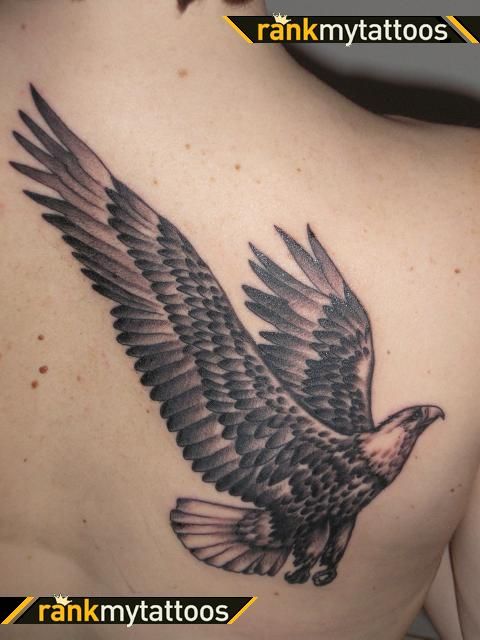 Cool Black Ink Flying Eagle Tattoo On Right Back Shoulder