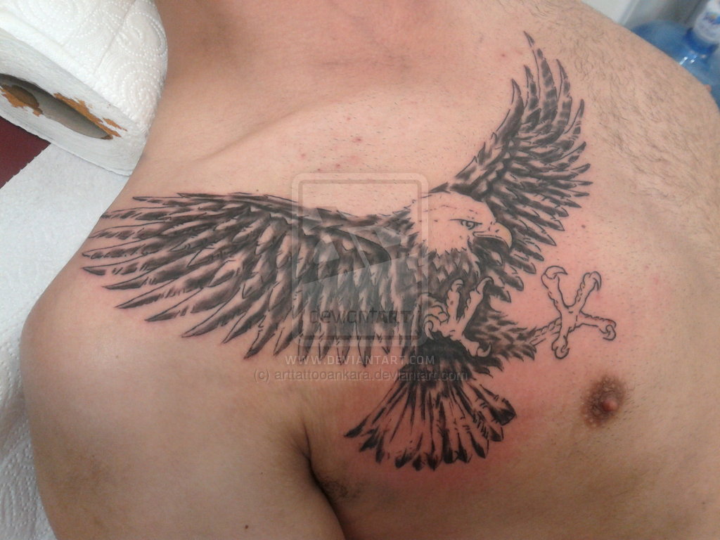 Cool Black Ink Flying Eagle Tattoo On Right Front Shoulder By Ankara