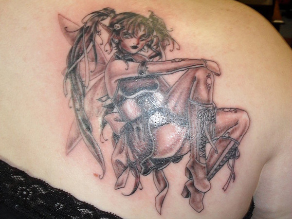 Cool Black Ink Gothic Fairy Tattoo On Right Back Shoulder