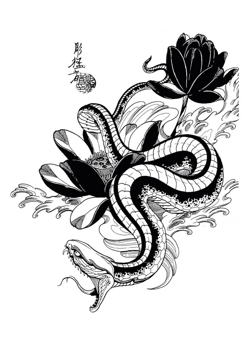 Cool Black Ink Japanese Snake With Lotus Flowers Tattoo Design