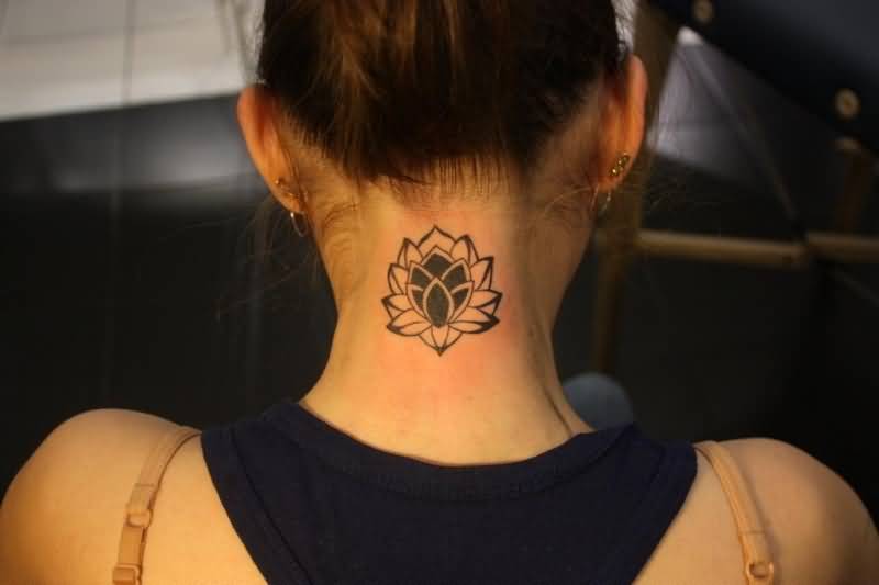 Cool Black Ink Lotus Flower Tattoo On Girl Back Neck