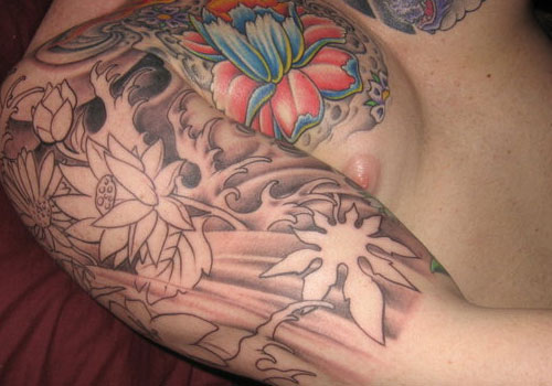 Cool Black Ink Lotus Flower Tattoo On Man Right Half Sleeve