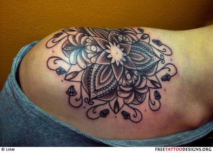 Cool Black Ink Lotus Tattoo On Right Shoulder