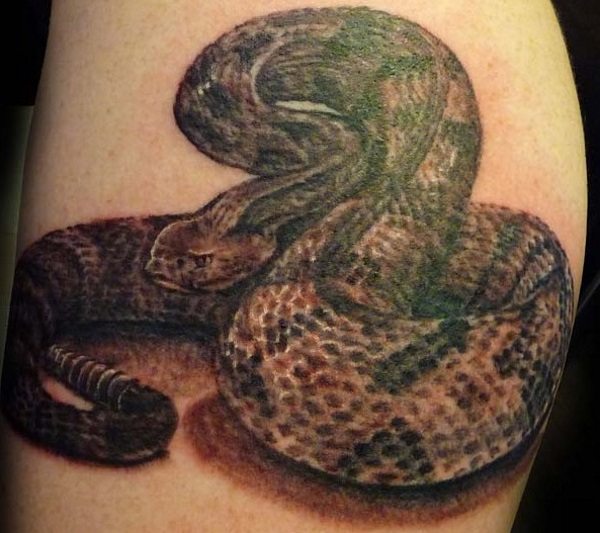 Cool Black Ink Rattlesnake Tattoo Design For Half Sleeve