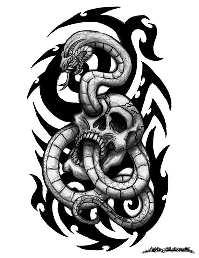 Cool Black Ink Snake In Skull Tattoo Design