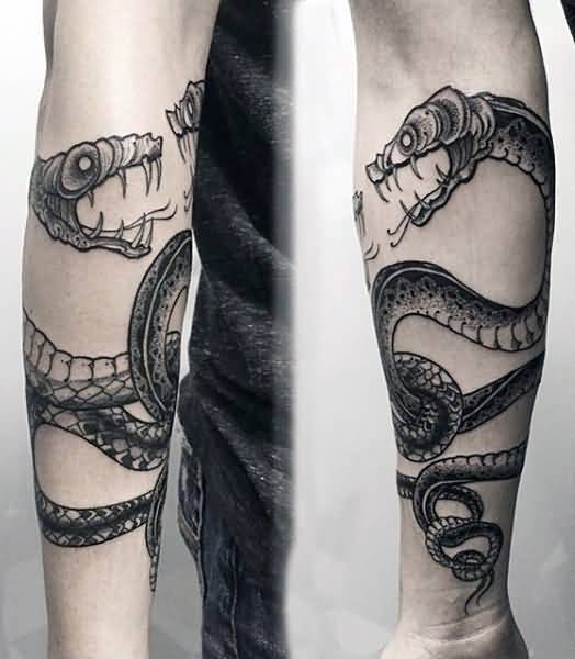 Cool Black Ink Snake Tattoo Wrapped Around Arm