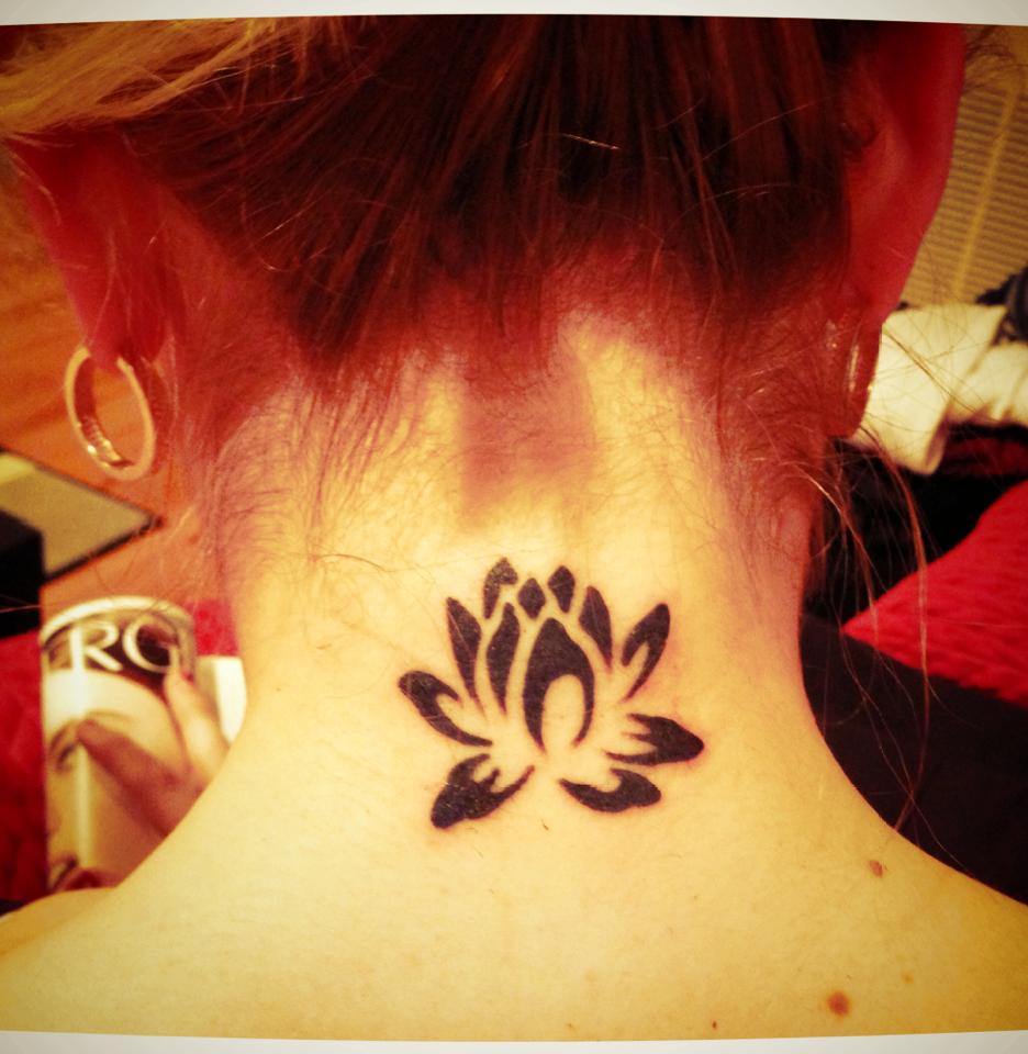 Cool Black Lotus Flower Tattoo On Girl Back Neck