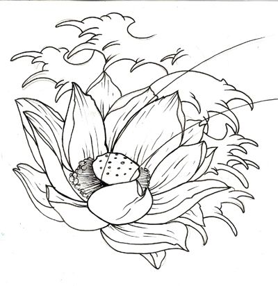 Cool Black Outline Japanese Lotus Flower Tattoo Design