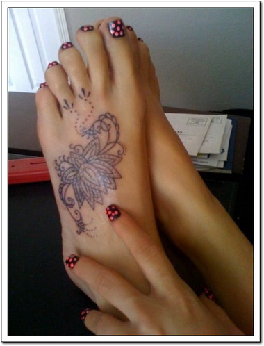 Cool Black Outline Lotus Flower Tattoo On Girl Left Foot