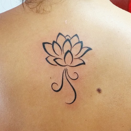 Cool Black Outline Lotus Flower Tattoo On Upper Back