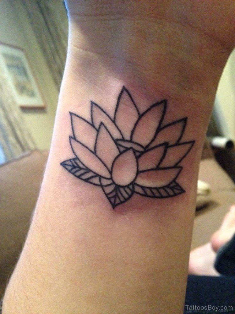 Cool Black Outline Lotus Tattoo On Left Wrist