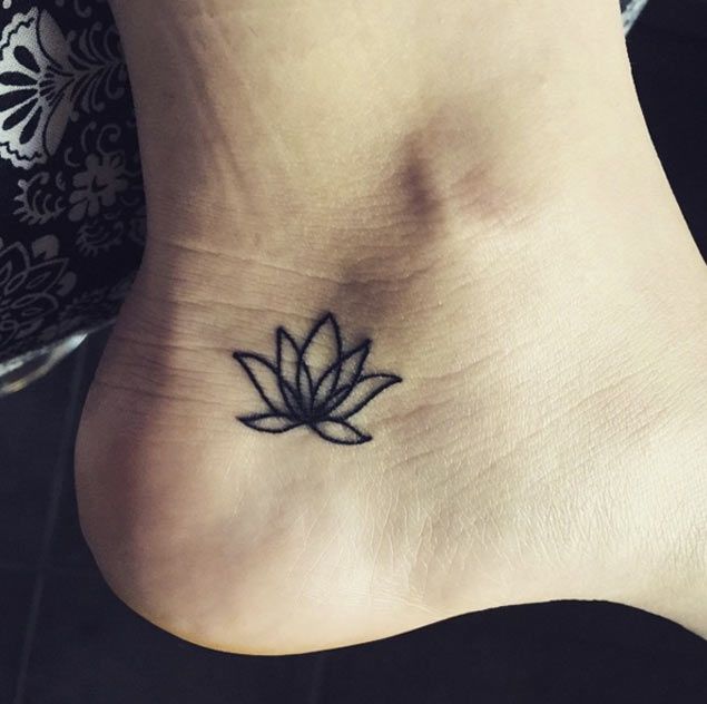 Cool Black Outline Lotus Tattoo On Right Ankle