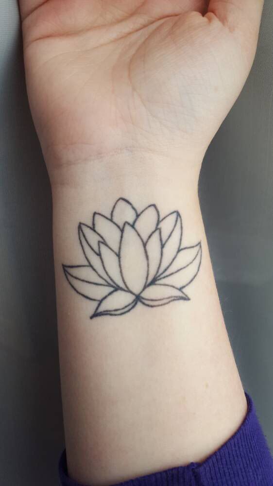 Cool Black Outline Lotus Tattoo On Right Wrist