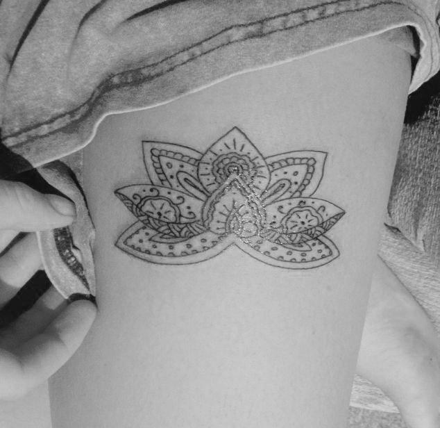 Cool Black Outline Mandala Lotus Tattoo Design For Thigh