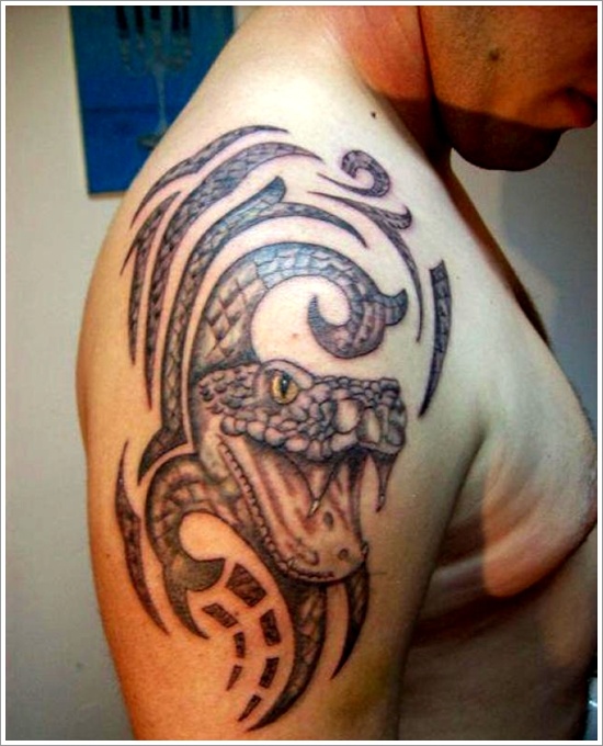 Cool Black Tribal Snake Head Tattoo On Right Shoulder