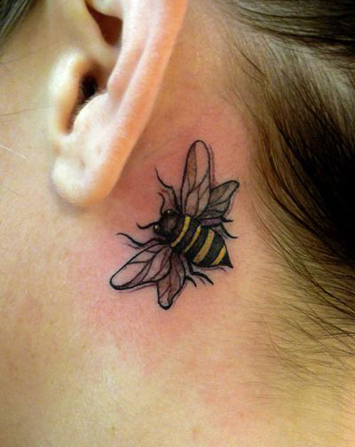 Cool Bumblebee Tattoo On Left Behind The Ear