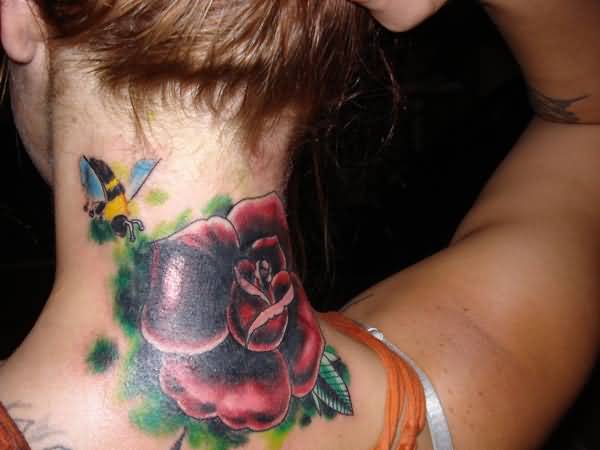 Cool Bumblebee With Rose Tattoo On Women Back Neck