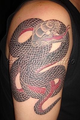 Cool Chinese Snake With Tiger Tattoo On Half Sleeve