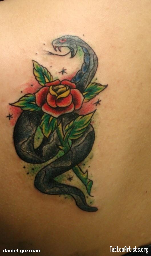 Cool Cobra Snake With Rose Tattoo On Left Back Shoulder