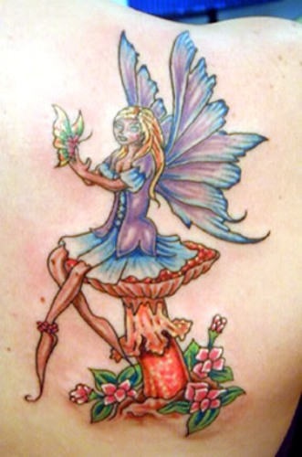 Cool Colorful Fairy On Mushroom Tattoo On Right Back Shoulder