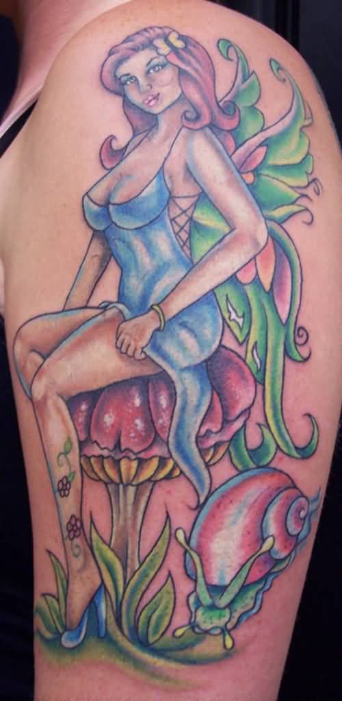 Cool Colorful Fairy On Mushroom Tattoo On Women Left Half Sleeve
