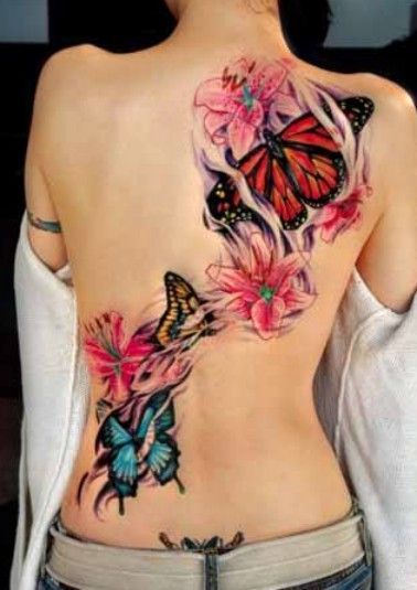 Cool Colorful Lily Flowers With Butterflies Tattoo On Full Back