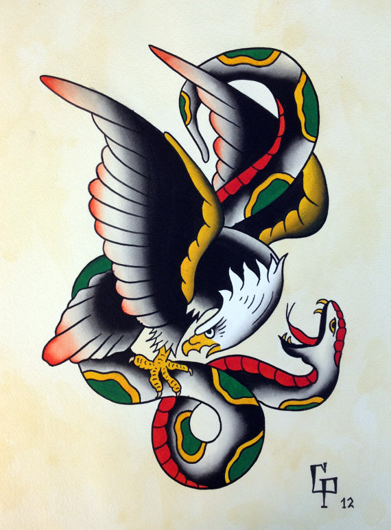 Cool Colorful Traditional Eagle With Snake Tattoo Design