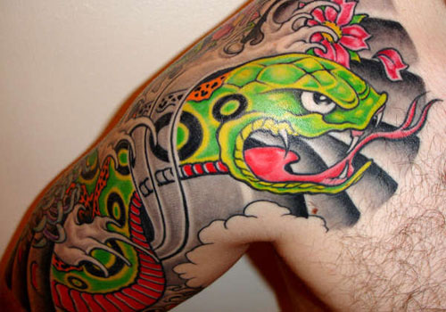 Cool Colorful Traditional Japanese Snake Tattoo On Right Half Sleeve