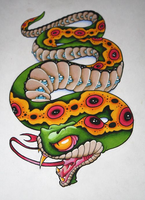 Cool Colorful Traditional Snake Tattoo Design By Steven Mullins